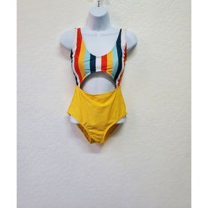 Two Tone Linked Cut- Out One-Piece Swimsuit Yellow & Multicolor Size Medium
